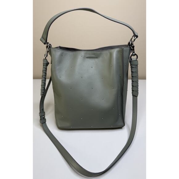 AllSaints Kathi North South Crossbody Tote Green Grey Leather Studded Small Bag - Picture 1 of 10